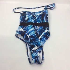 Mynah Large One Piece Swimsuit Asymmetrical Lace Up Back Tropic Goddess Blue JCP